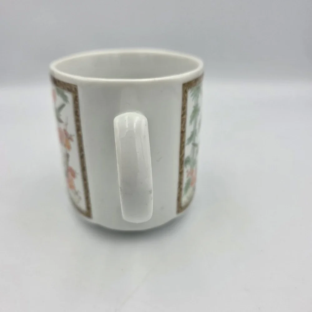 Kutani Japanese Style Orange Flowers  Green Birds Coffee Tea Mug 8oz Porcelain